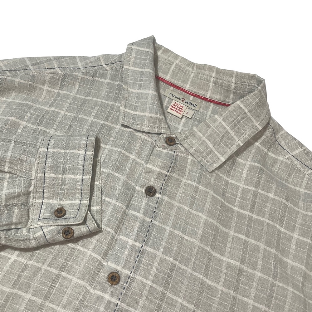 Carbon 2‎ Cobalt Large Linen Cotton Gray Plaid Wooden Buttons Pockets